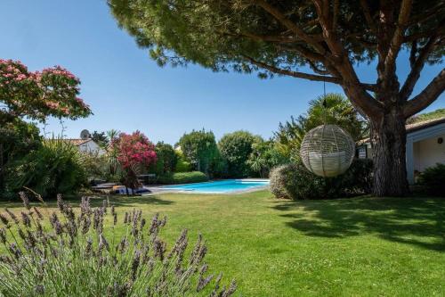 une cour avec un arbre et une piscine dans l'établissement Maison galerie dans un jardin de 1200m2, au Bois-Plage-en-Ré