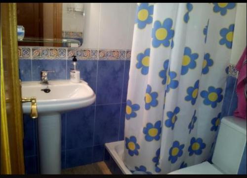uma casa de banho com um lavatório e uma cortina de chuveiro em APARTAMENTO PUERTO-ELMAR em Benicarló