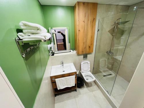 a green bathroom with a toilet and a shower at KHAN ORDASY in Zhezqazghan