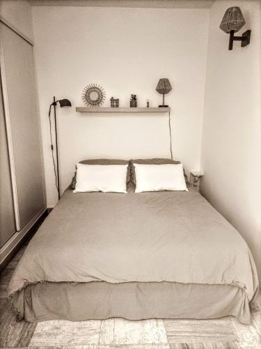 une chambre avec un grand lit avec deux oreillers dans l'établissement Appartement cosy centre ville, à Sainte-Maxime