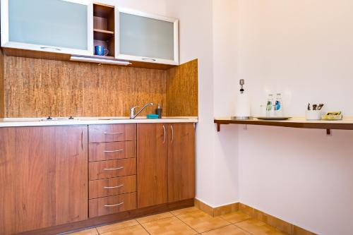 een keuken met houten kasten en een wastafel bij Apartamenty Pod Ratuszem in Rzeszów