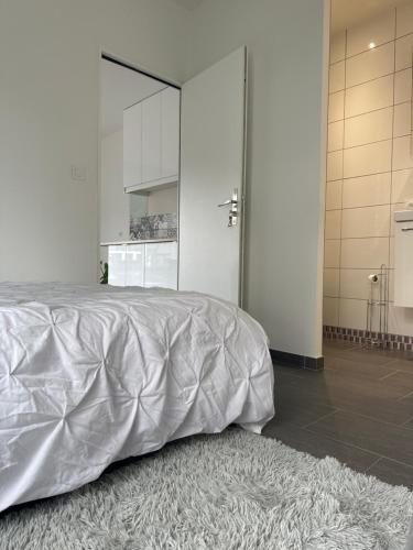 a bed with a silver comforter on top of a rug at Studio indépendant et cosy in Basse-Goulaine