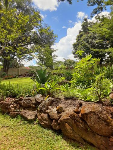 a rock garden with plants and trees in a yard at KMK APARTMENTS in Kitwe