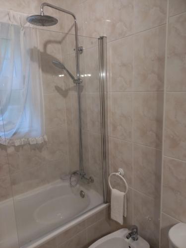 a bathroom with a shower and a tub and a toilet at Residencial Ribeiro in Geres