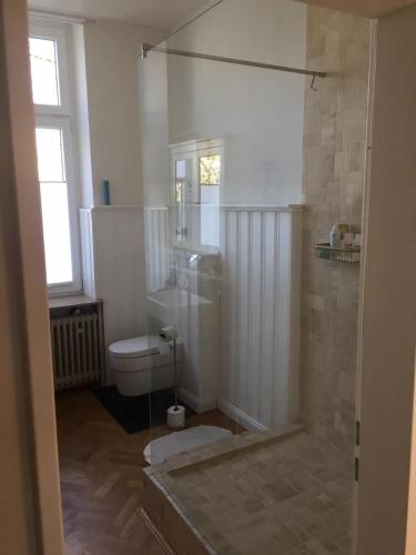 ein Bad mit einem WC und einer Glasdusche in der Unterkunft Gründerzeitzimmer mit Bad in Bonn