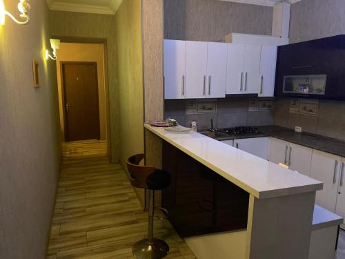 a kitchen with white cabinets and a counter top at ARTISHA TRAVEL TBILISI in Tbilisi City