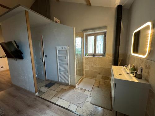 uma casa de banho com um chuveiro, um lavatório e um espelho. em La grande chambre em Rabastens
