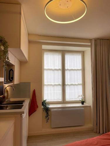 une cuisine avec une grande fenêtre et un évier dans l'établissement Comme une chambre d’hôtel au cœur de Lyon, à Lyon