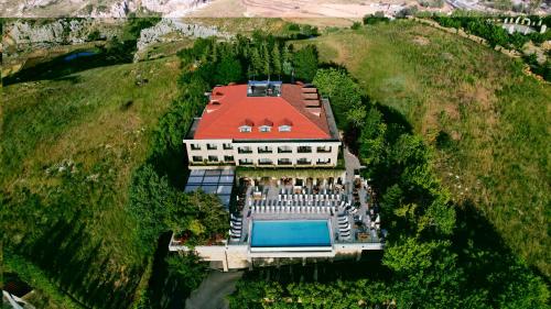 an aerial view of a house with a pool at Terre Brune Hotel in Kfardebian