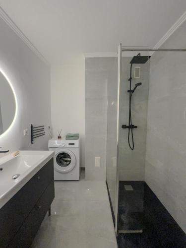 une salle de bain avec douche et machine à laver dans l'établissement Magnifique Appartement à 5 min des plages, à Antibes