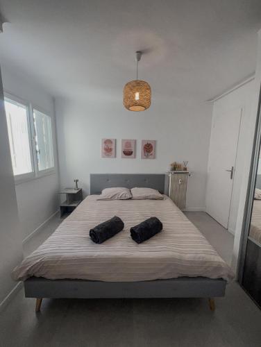 une chambre avec un grand lit avec deux oreillers dessus dans l'établissement Magnifique Appartement à 5 min des plages, à Antibes