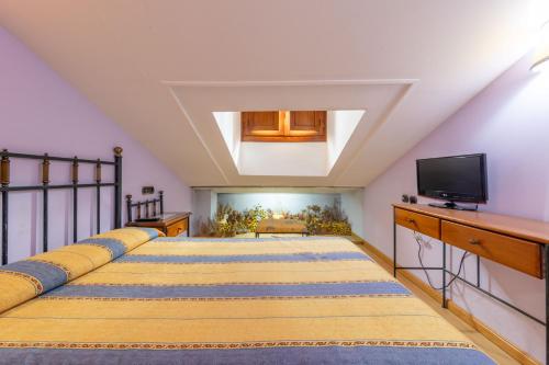 a bedroom with a large bed with a tv on it at H-A Puerta de la Villa in Almazán
