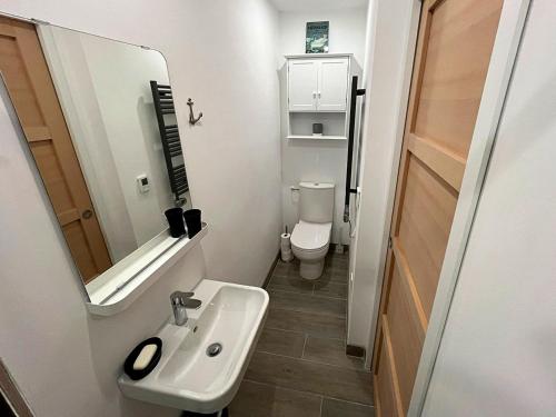 La petite salle de bains est pourvue d'un lavabo et de toilettes. dans l'établissement Appartement rénové face au port avec parking privé, à La Trinité-sur-Mer