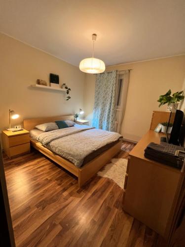 1 dormitorio con cama, escritorio y ventana en Boulevard rose, en Alba Iulia