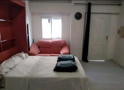 Habitación con cama y sofá rosa en Loft Puente Romano, en Salamanca