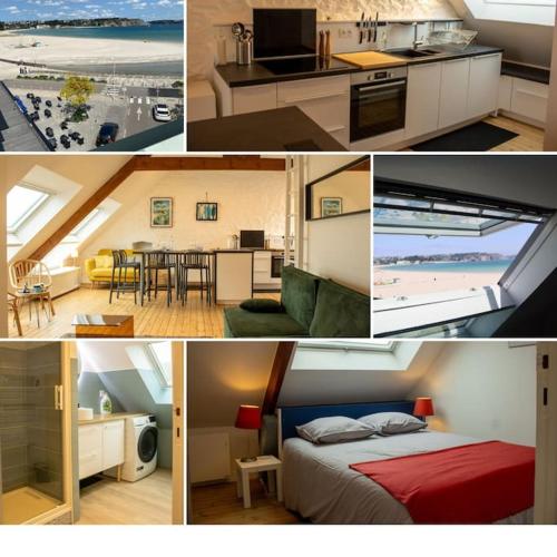 un collage de photos d'une cuisine et d'une chambre dans l'établissement Ar Bili/Vue mer/Wifi, à Crozon