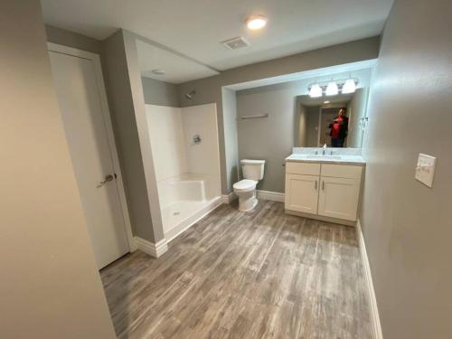 a bathroom with a sink and a toilet and a mirror at Private 4 Bedroom Home with a hot tub in Caseyville