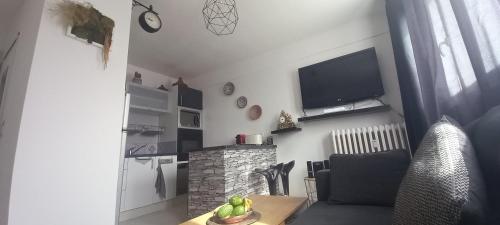 a living room with a couch and a table and a television at LE PHENIX Appartement calme et Cosy in Caen