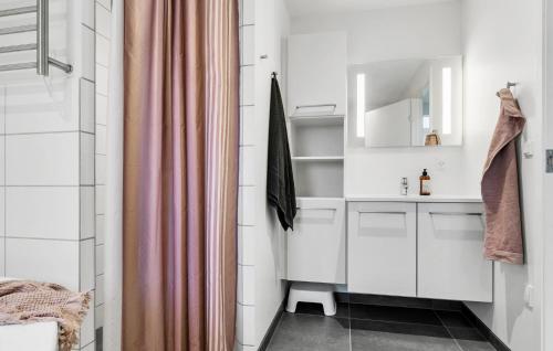 a small bathroom with white cabinets and a shower curtain at Nice Home In Haderslev With Wifi in Haderslev