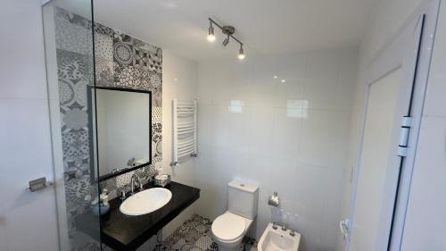 a bathroom with a toilet and a sink and a mirror at Hotel Los Aceres in Salta