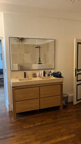 une salle de bain avec un lavabo et un grand miroir dans l'établissement appartement lumineux, à Montfort-lʼAmaury