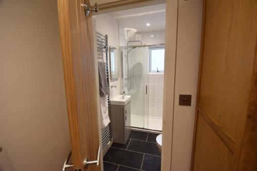 a bathroom with a shower and a toilet and a sink at Retreat by the Mill - for a relaxing getaway in Cottered