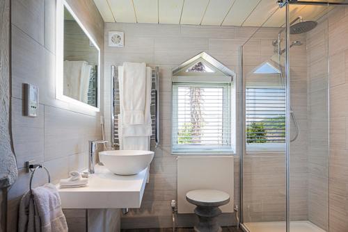 a bathroom with a sink and a toilet and a shower at Cary Arms & Spa in Torquay