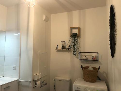 une salle de bains blanche avec toilettes et lavabo dans l'établissement Appartement avec jardin et terrasse couverte, à Voreppe