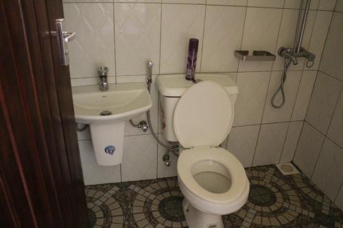 La petite salle de bains est pourvue de toilettes et d'un lavabo. dans l'établissement Kibale Eco-Home, à Bigodi