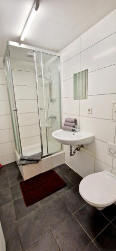 La salle de bains est pourvue d'une douche, d'un lavabo et de toilettes. dans l'établissement Apartments EFDE GmbH Ferienwohnung, à Heilbronn