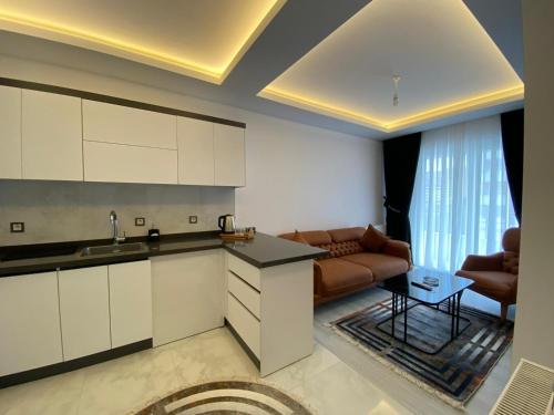 開塞利的住宿－X Premium，厨房以及带沙发的起居室。
