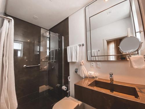 a bathroom with a sink and a shower with a mirror at Hotel Casacurta in Garibaldi