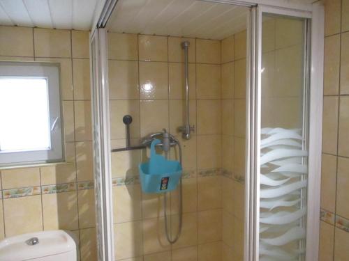 een badkamer met een douche en een blauwe mand. bij le gite fleuri in Abbeville