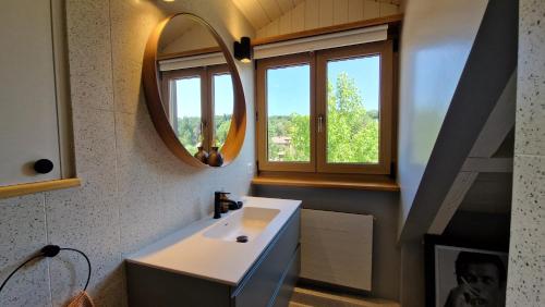 een badkamer met een wastafel en een spiegel bij Attic Apartment 2 Bedrooms in Crissier
