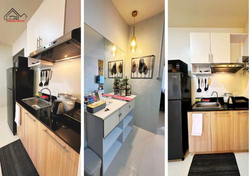 three pictures of a kitchen with a black refrigerator at Palawan Luxury Stay with Balcony, Free Gym & Pool - B1 5Topaz in Puerto Princesa City