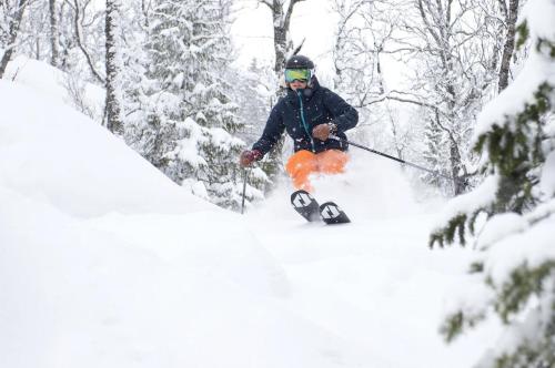 a man is skiing down a snow covered slope at Ski in/out Appartment Hemsedal in Hemsedal