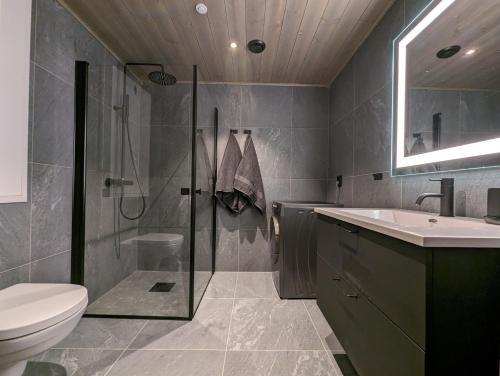 y baño con ducha, aseo y lavamanos. en Ski in/out Appartment Hemsedal, en Kyrkjebøen