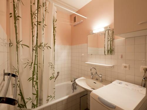 ein Bad mit einem Waschbecken und einem Duschvorhang in der Unterkunft Studio Brides-les-Bains, 1 pièce, 5 personnes - FR-1-512-19 in Brides-les-Bains