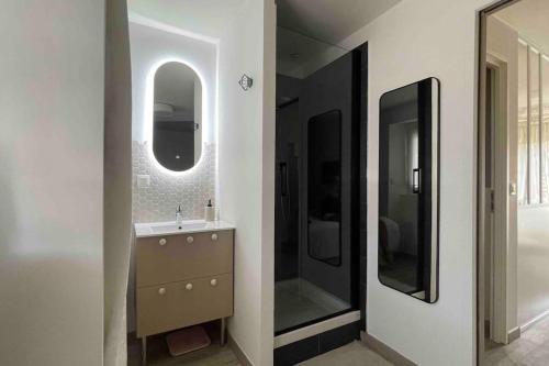 une salle de bain avec un lavabo et un grand miroir dans l'établissement Charmant petit 2p 10min Disney, à Guermantes