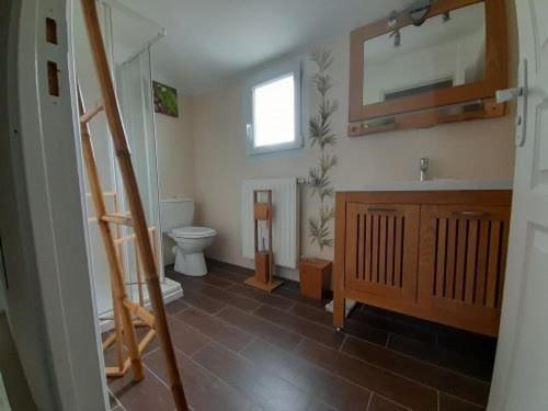 une salle de bain avec toilettes, lavabo et miroir dans l'établissement Villa Indépendante à 50m de la Mer avec Jardin Clos et WIFI Gratuit, Idéal pour 8 Personnes - FR-1-324-551, à Saint-Gilles-Croix-de-Vie