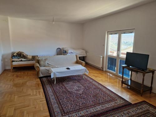 uma sala de estar com um sofá e uma televisão em Apartman Vujovic em Zlatište