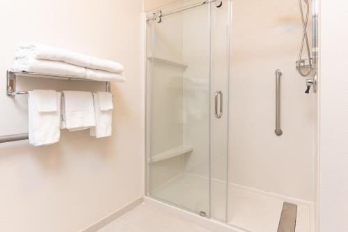 La salle de bains est pourvue d'une douche avec une porte en verre. dans l'établissement Fairfield Inn & Suites by Marriott Spearfish, à Spearfish