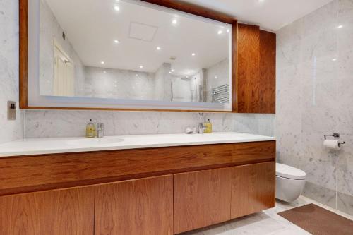 La salle de bains est pourvue d'un lavabo, d'un miroir et de toilettes. dans l'établissement Stunning 2BD flat in South Kensington with a patio, à Londres