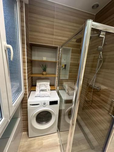 a small bathroom with a washing machine in it at Cosy Apt 4P-porte maillot -palais des congrés in Paris