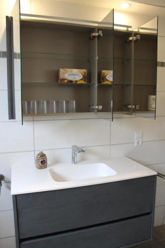 a bathroom with a sink and a mirror at NEU! Ferienwohnung Nickel in Ahausen