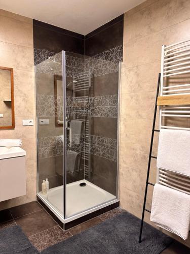 a shower with a glass door in a bathroom at Apartmán Leonardo - city center in Trnava