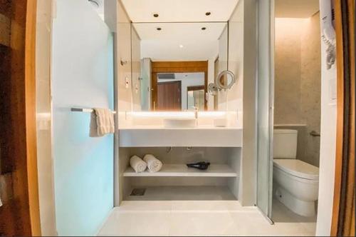 uma casa de banho com um lavatório, um WC e um espelho. em HOTEL NACIONAL BLOCO 01 1512/013 no Rio de Janeiro