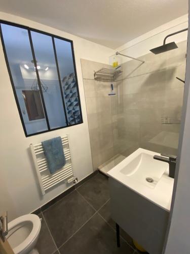 une salle de bain avec un lavabo et des toilettes et une fenêtre dans l'établissement vue panoramique, à Amélie-les-Bains-Palalda