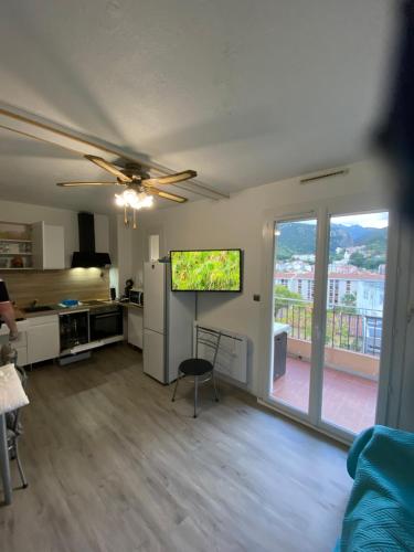 un salon avec une télévision à écran plat au plafond dans l'établissement vue panoramique, à Amélie-les-Bains-Palalda