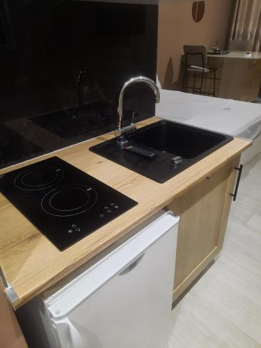 Il comprend une cuisine équipée d'un évier et d'une cuisinière. dans l'établissement ESPERANZA, au Cap d'Agde